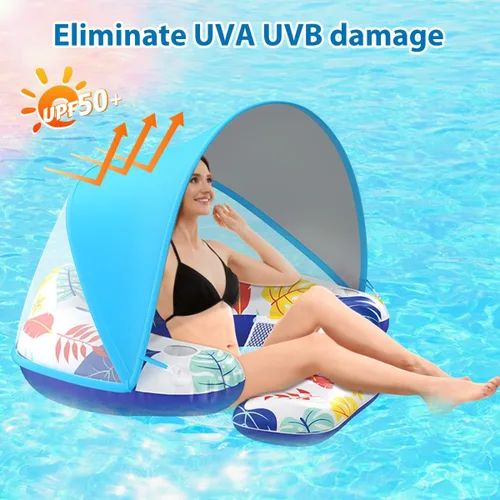Vista 4 de LAYCOL Flotadores de piscina premium para adultos con dosel, elegante tumbona de piscina, flotadores de piscina resistentes para adultos, flotadores