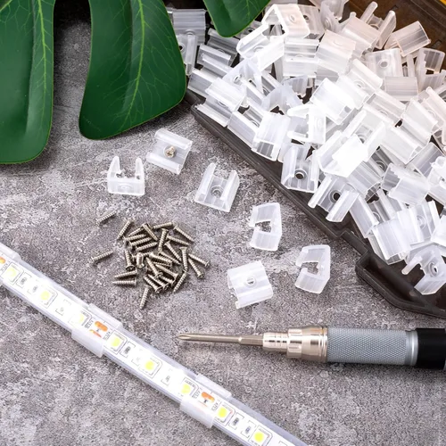 Vista 6 de Pndeyo Clips de tira de luz LED con tornillos, 100 piezas, clips de luz de cuerda para exteriores, clips de montaje de neón, soporte de abrazadera