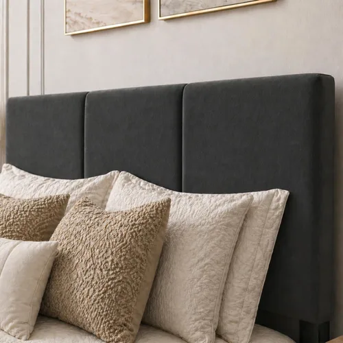 Vista 5 de Marco de cama tamaño Queen con cabecero – Marco de cama de plataforma resistente tapizado con canales verticales acolchados elegante con listones