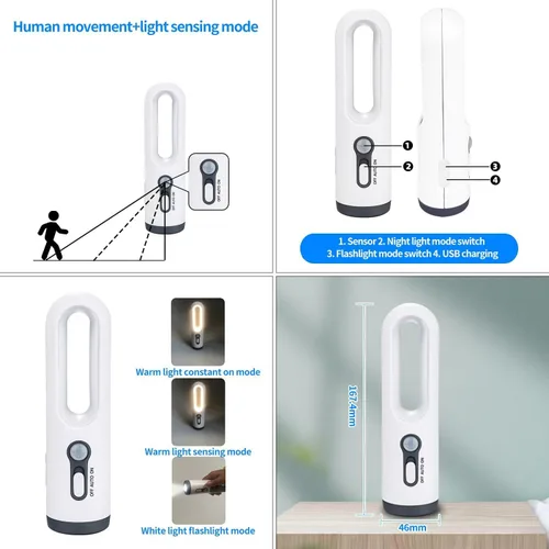 Vista 2 de Lámpara de noche recargable 2 en 1 con sensor de movimiento portátil y linterna de luz blanca LED, adecuada para acampar al aire libre, niños