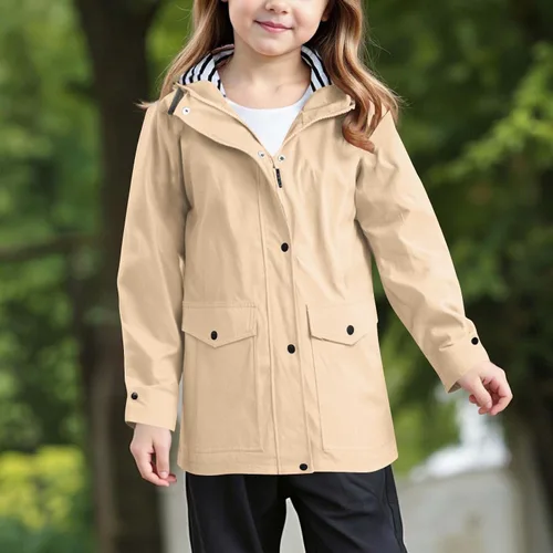 Vista 2 de Moonker Chaqueta impermeable ligera para niños y niñas, rompevientos con capucha, chaqueta impermeable Softshell para otoño para la escuela beige-b