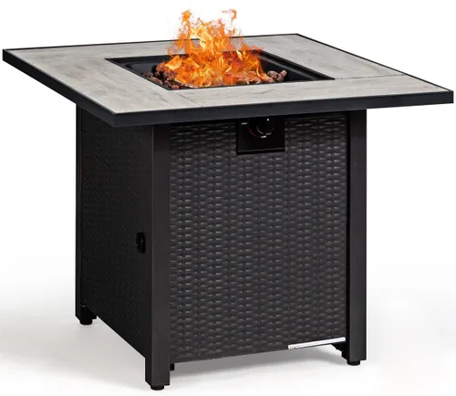 Vista 9 de Tangkula Patiojoy Juego de sofá de ratán para exteriores de 6 piezas con mesa de fuego de gas propano de 30 pulgadas, mesa de cerámica para fuego