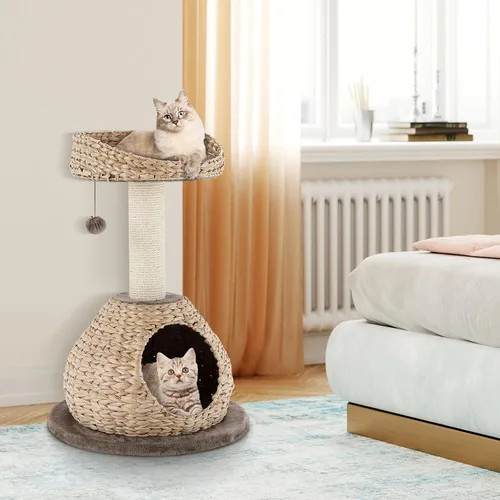 Vista 3 de Tangkula Árbol para gatos moderno, torre para gatos pequeña con poste de rascar de sisal natural, condominio para gatos de mimbre hecho a mano