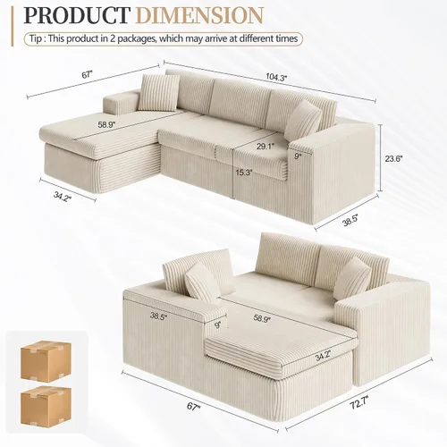 Vista 2 de Vongrasig Sofá modular sin hueso de 105 pulgadas para sala de estar, sofás modulares con diván en forma de L, cómodo sofá nube de espuma