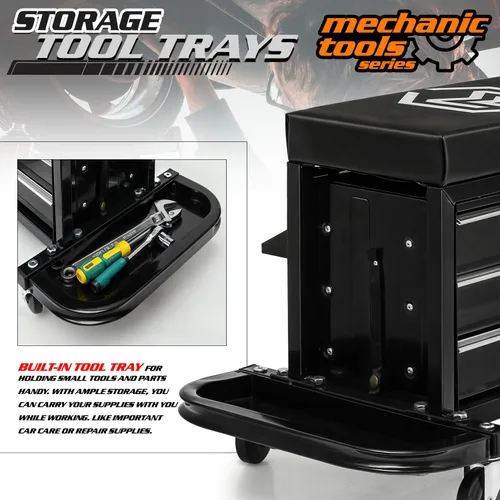 Vista 6 de M-AUTO Taburete Mecánico Rodante Taburete de Caja de Herramientas de Garaje Asiento de Cofre de Herramientas con Ruedas, Capacidad de 350 LBS