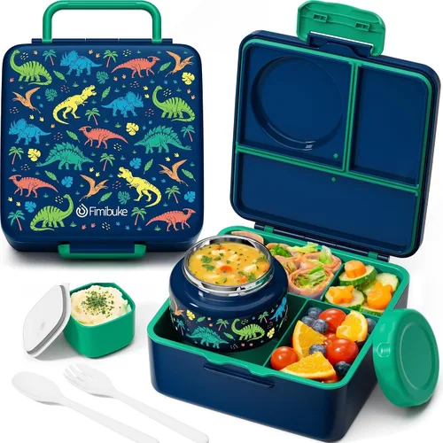 Vista 14 de Fimibuke Lonchera Bento para Niños y Adultos, Contenedor de Lonchera para Niños Pequeños de 3-4 Compartimentos 60OZ con Frasco de Comida Aislado a