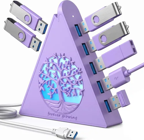 Vista 12 de Hub USB 3.0 de 7 puertos, divisor de concentrador USB vertical blanco con iluminación RGB en forma de árbol, transferencia de alta velocidad de 5