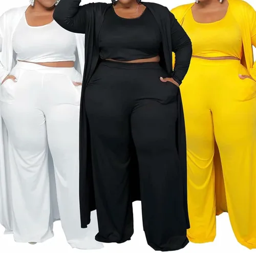 Vista 6 de Conjunto de 3 piezas de 3 piezas con cárdigan de talla grande y pantalones largos de pierna ancha