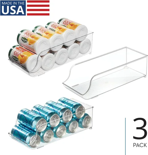 Vista 2 de iDesign Dispensador de latas de soda y organizador de botellas de agua para refrigerador, juego de 3, transparente, fabricado en Estados Unidos