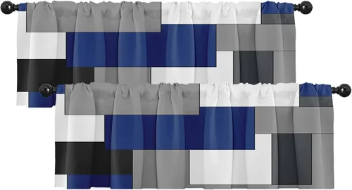 Vista 20 de Emvency Paquete de 2 cenefas para ventana, diseño geométrico gris y negro, cortinas de arte moderno abstracto, cortinas ajustables para ventanas