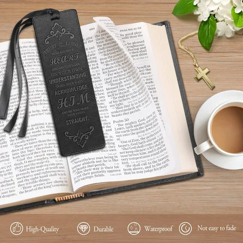 Vista 3 de FINPAC Marcadores de cuero para la Biblia, marcadores religiosos veganos, marcadores de versículos bíblicos, regalos de iglesia para mujeres y Negro