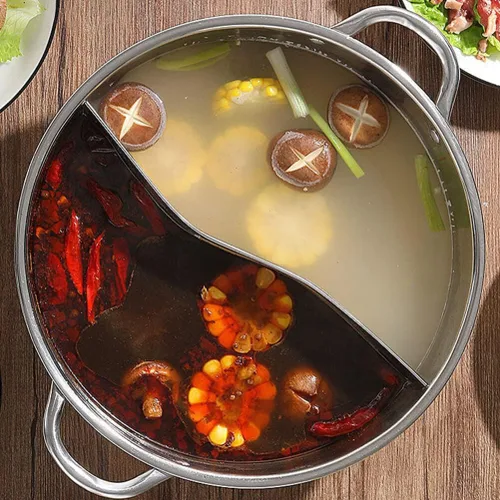 Vista 3 de Olla dividida de doble sabor Shabu Shabu Olla con divisor de doble cara antiadherente caliente 11.0 in dividido caliente para inducción estufa