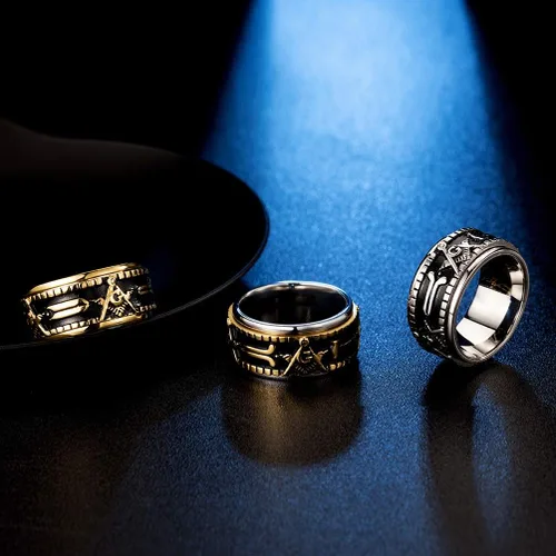 Vista 3 de Anillo giratorio masónico masónico de acero inoxidable para hombre, banda de sello vintage para aliviar la ansiedad, joyería antiestrés