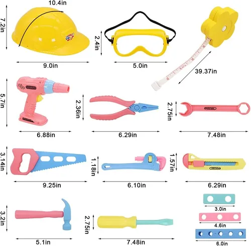 Vista 4 de Magic4u Juego de herramientas de juguete para niña, accesorios de herramientas de construcción, juguetes de herramientas con sombrero, caja