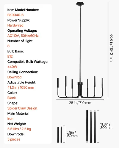 Vista 7 de VEVOR Candelabro de 6 Luces, Candelabro de Metal Estilo Granja, Altura Ajustable, Lámpara Colgante de Comedor para Techos, Candelabro Moderno