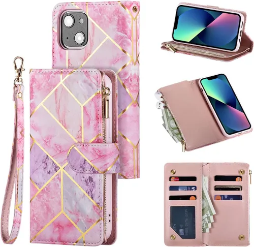 Vista 8 de UEEBAI Funda para iPhone 13 de 6.1 pulgadas, Cartera de piel sintética retro a prueba de golpes con función de soporte de ranuras para tarjetas Azul