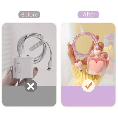 Vista 6 de Waves - Cable de datos con forma de corazón rosa de 18 W, 20 W, protector de cargador USB, protector de cable para auriculares, compatible
