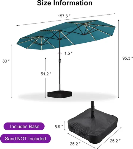 Vista 150 de PURPLE LEAF - Sombrilla de mercado de patio de 13 pies con base rectangular doble cara, sombrilla de mesa para exteriores con manivela, 12 varillas