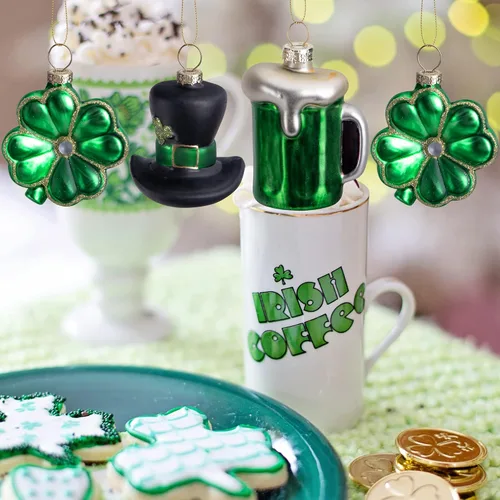 Vista 6 de 9 adornos de cristal para el día de San Patricio, Irlanda verde con sombrero de trébol de San Patricio, adornos colgantes de cerveza, adornos