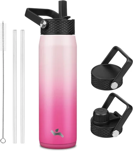 Vista 96 de Konokyo - Botella de agua aislada de 18 onzas, botellas deportivas de acero inoxidable con 3 tapas, verde militar