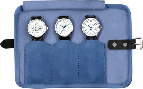 Vista 2 de Karasto - Organizador de viaje para reloj de piel capacidad para hasta 3 relojes hecho a mano para hombre y mujer color azul