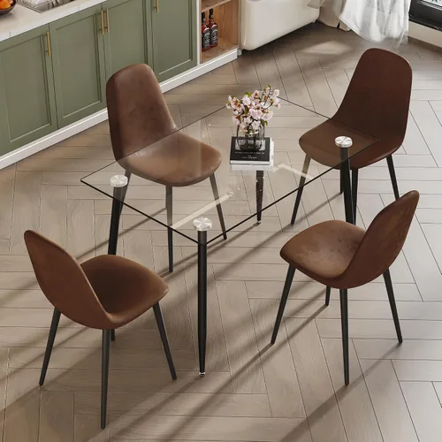 Vista 2 de Juego de mesa de comedor para 4, 5 piezas, juego de mesa de comedor de terciopelo moderno, mesa rectangular de vidrio templado para cocina, bar