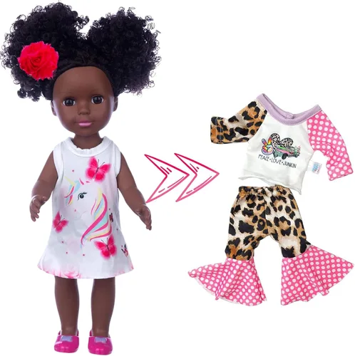 Vista 3 de ZQDOLL Conjunto de ropa de muñeca negra y muñeca de bebé, accesorios para muñecas, 14.5 pulgadas, muñeca afroamericana de silicona con mochila