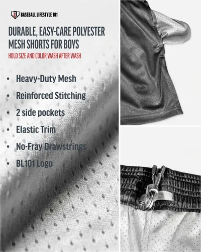 Vista 3 de Baseball Lifestyle 101 Pantalones cortos de malla Bag Chaser para niño con bolsillos laterales y cintura elástica, entrepierna de 5 pulgadas, tallas