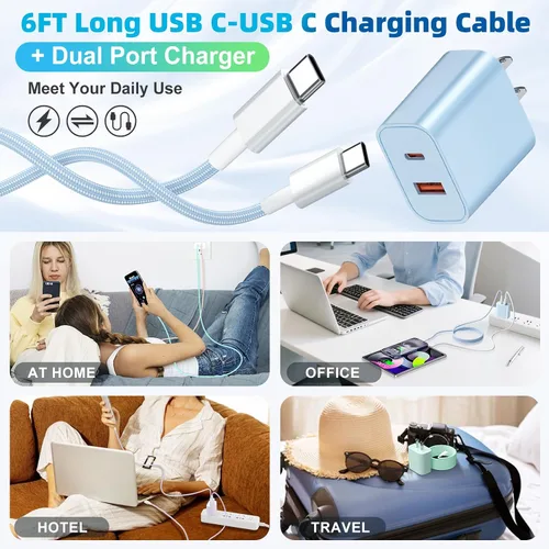 Vista 12 de Para iPhone 17 16 15 Cargador de carga rápida, paquete de 4 unidades de doble puerto de 20 W USB C Charger Block with 6FT USB-C to C Cable Type C