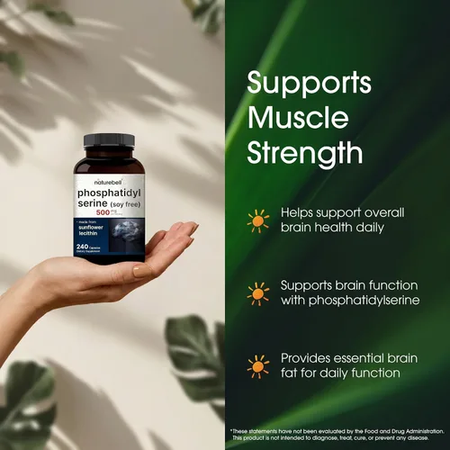 Vista 4 de Suplemento de Fosfatidilserina Ultra Fuerza 500mg Por Porción, 240 Cápsulas Sin Soja, Derivado de Lecitina de Girasol – Apoya la Salud Cognitiva