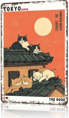 Vista 13 de Cartel de metal con diseño de gato japonés vintage, póster de gato negro comiendo ramen, retro divertido animal comida para amantes de los fideos