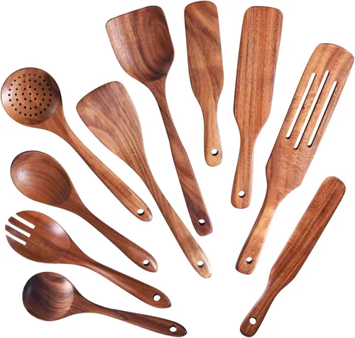 Vista 11 de GUDAMAYE - Juego de utensilios de cocina de madera, 6 cucharas de madera para cocinar, utensilios de cocina de madera, cucharas de madera de teca