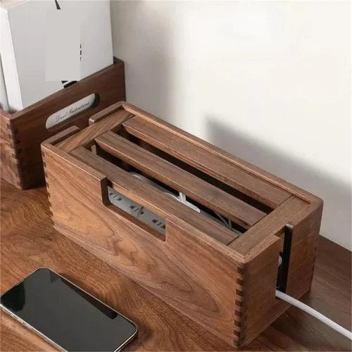 Vista 2 de Wood Cable Box Organizer Power Strip Cord Storage Desktop Wire Hider Home Office Router for TV Wires, Computer(Large Black Walnut)