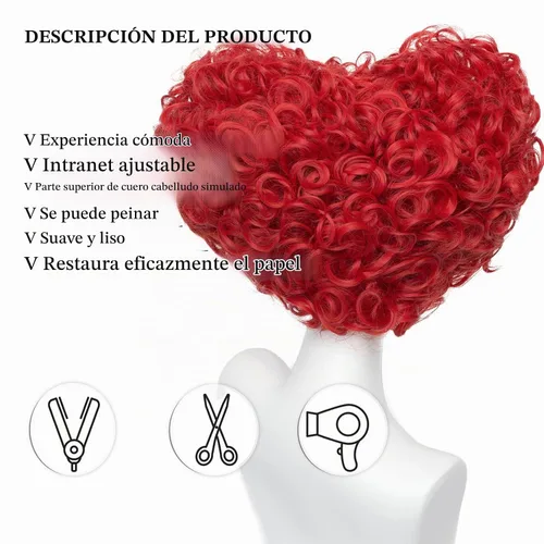 Vista 2 de Aicos Peluca de cosplay de colmena rizada roja con corona para mujer Colmena Corazón Rojo-Adulto