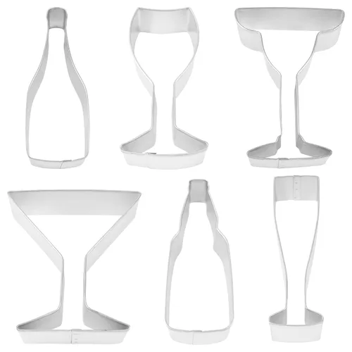 Vista 2 de R&M International 1978 Cortadores de galletas para bebidas, copa de martini, flauta de champán, botella de champán, botella, copa de vino, vaso