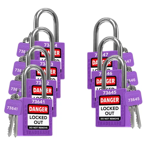 Vista 18 de TRADESAFE Juego de cerraduras de bloqueo - 7 cerraduras de loto rojas, cerraduras de bloqueo con llave diferente, 1 llave por cerradura, candados