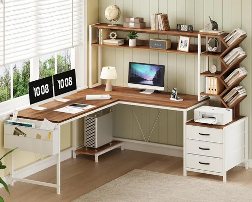 Vista 11 de YOMILUVE Escritorio para computadora de 52 pulgadas con estantería, 3