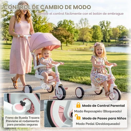 Vista 15 de Qaba 7 en 1 triciclo cochecito plegable bicicleta para niños pequeños 1-5 Rosa