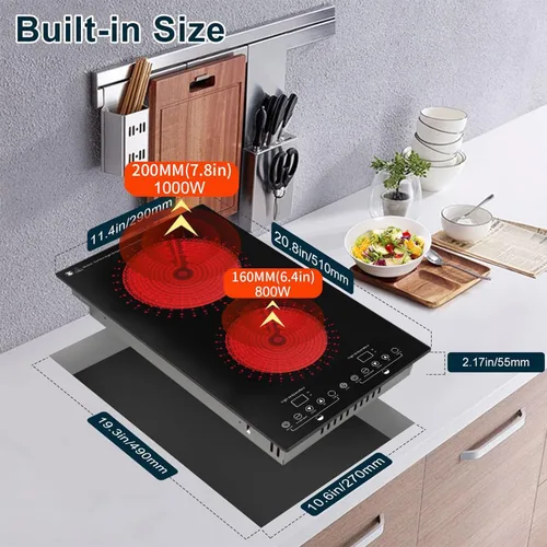 Vista 4 de Estufa eléctrica, estufa eléctrica de 2 quemadores con pantalla táctil LED, 9 niveles de calefacción, temporizador, bloqueo para niños, aislamiento
