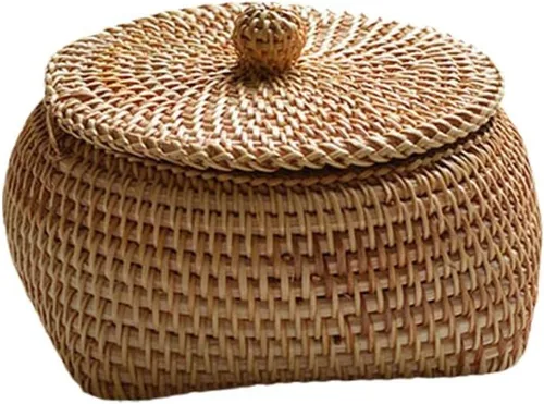 Vista 11 de Generic Caja de almacenamiento de ratán bohemio con tapa, bandeja de mimbre multiusos, forma redonda, 6.7 x 5.9 x 2.8 in