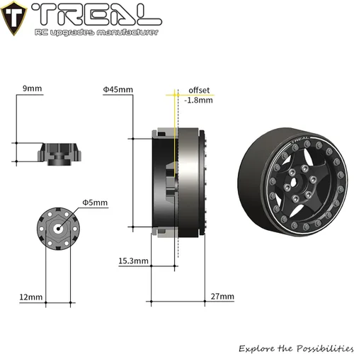 Vista 4 de Treal Ruedas Beadlock 1.9 (4 piezas) Ruedas mecanizadas CNC de aluminio para Crawlers a escala 1:10 RC-Tipo E (Negro-Azul)