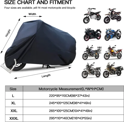 Vista 5 de Funda para motocicleta – Protector universal de motocicleta con agujeros de bloqueo y bolsa de almacenamiento – Protección impermeable contra