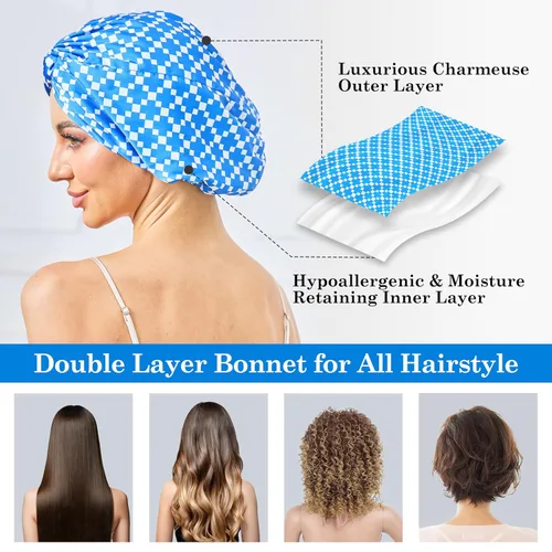 Vista 11 de Gorro de satén de seda ajustable para envolver el cabello para dormir, gorro de dormir de doble capa, turbante nocturno para cabello largo y rizado