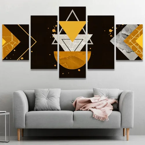 Vista 5 de SIGNWIN Lienzo grande para pared, efecto geométrico de mármol, triángulo dorado, polígono, paisaje, formas abstractas, arte digital, arte moderno