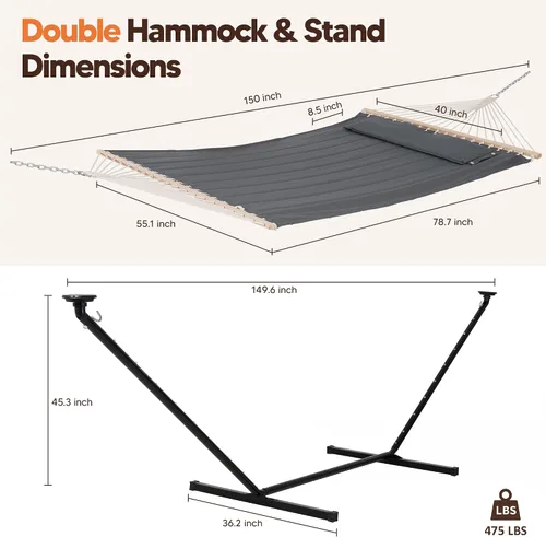 Vista 5 de SUNCREAT Hamaca doble con soporte de 12 pies, luces solares incluidas, hamaca al aire libre para exterior, gris oscuro
