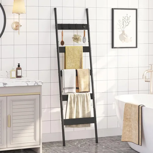 Vista 2 de HOOBRO Escalera para mantas, estante de toallas de 5 niveles con ganchos, estante de mantas inclinado en la pared, estante decorativo