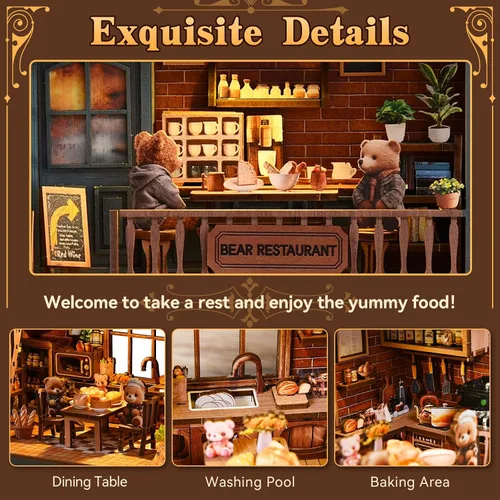 Vista 3 de Kit de casa en miniatura, kit de construcción de restaurante de oso de madera 3D con muebles y LED, juego de modelo de casa de muñecas de diorama