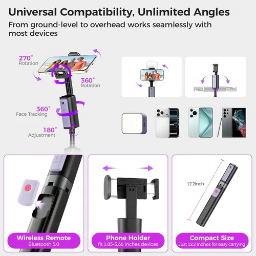 Vista 6 de Funme Trípode de seguimiento facial automático para iPhone, trípode de 59 pulgadas con control remoto, rotación de 360 grados que sigue tu