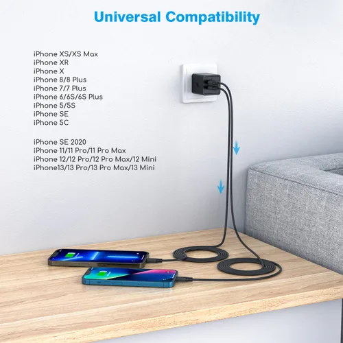 Vista 7 de Paquete de 2 cargadores para iPhone, cargador de pared para iPhone 14, bloque de adaptador USB-A de doble puerto con cable de carga rápida USB A a