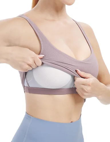 Vista 4 de BAYDI Longline - Brasier deportivo acolchado con cuello en V para mujer, camisetas sin mangas con brasier integrado, sujetadores de yoga acanalados